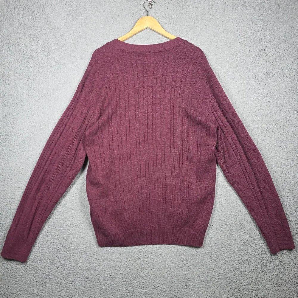VTG St Johns Bay Sweater Mens Size LT Burgundy 3D Cable Knit Cardigan Grandpa